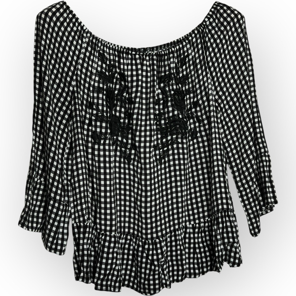 Milkmaid Plaid‎ Gingham Blouse Smocked Embroidered Off Shoulder Scoop Med